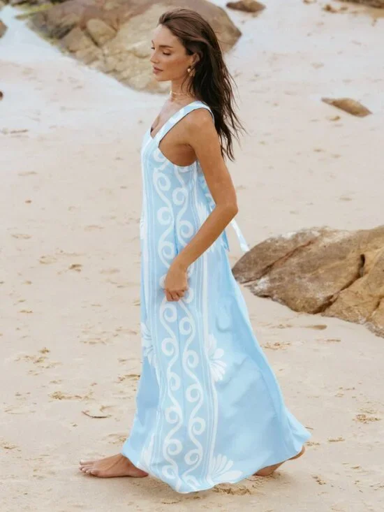 Petal & Pup | Valeria Linen Blend Pastel Blue Maxi Dress w/ Pockets | Size Large - Picture 7 of 16